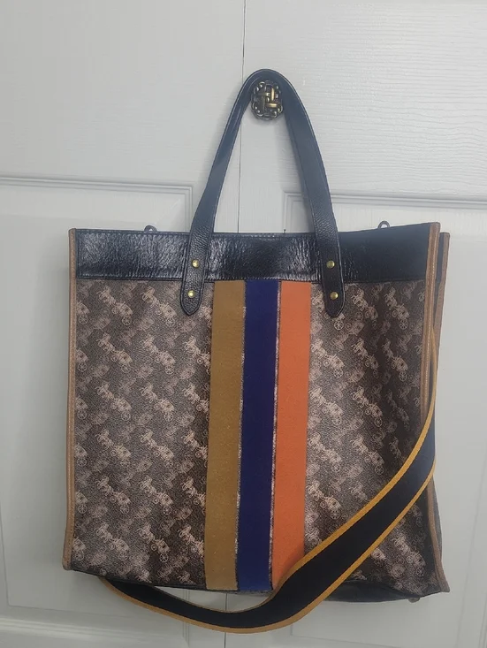 Coach Xtra Large Field Tote Monogram Tote with Blue, Orange & Mustard Stripes - Picture 3 of 12